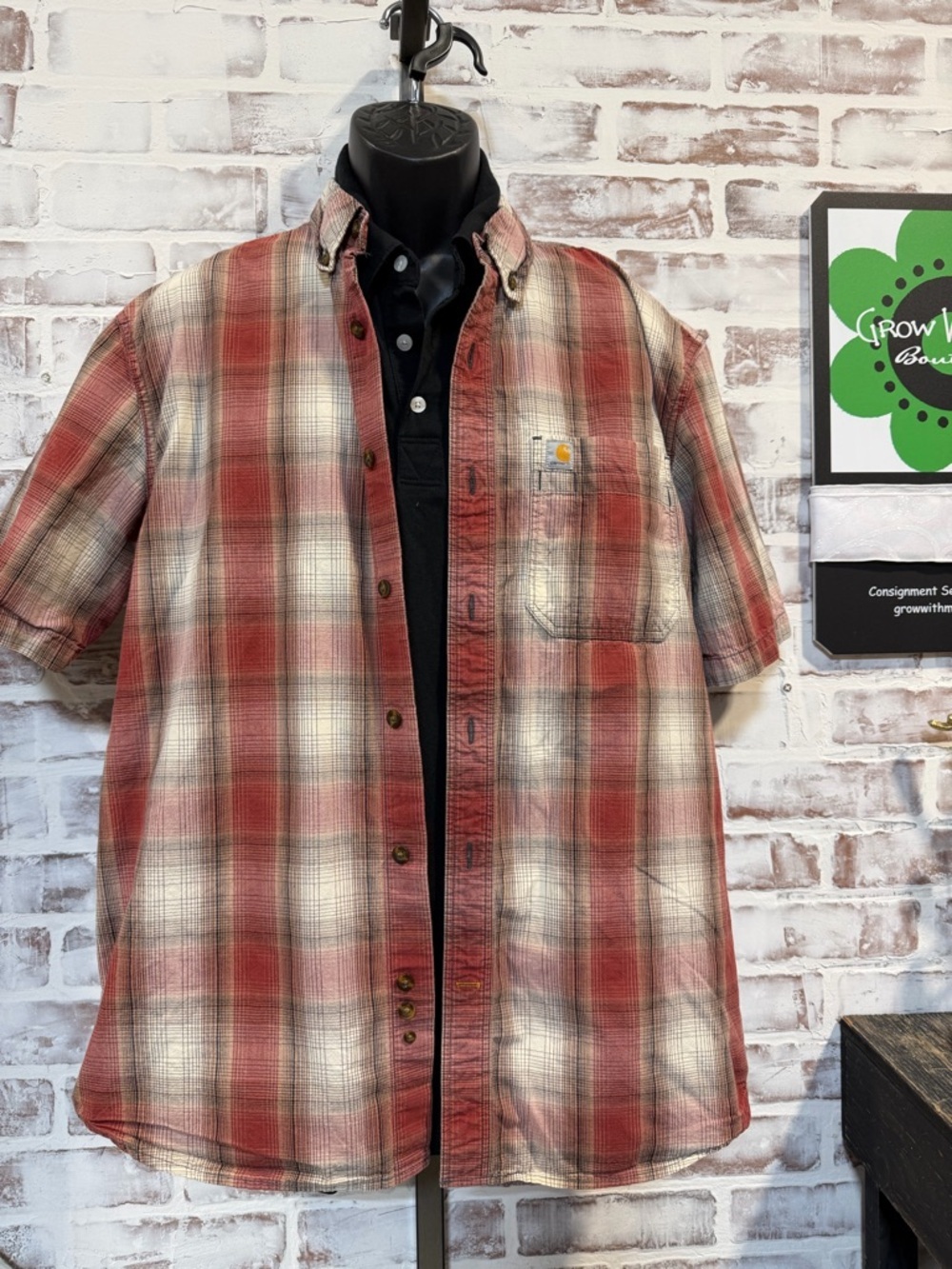Carhartt Men's Rust and Cream Plaid Short-Sleeve Button-Down Shirt